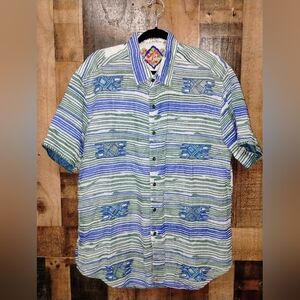 ROBERT GRAHAM Embroidered Striped Green Men's Short Sleeve Shirt 2XL